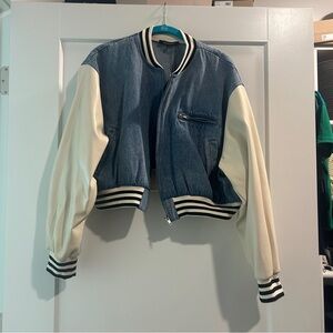 Cropped Denim Varsity Jacket